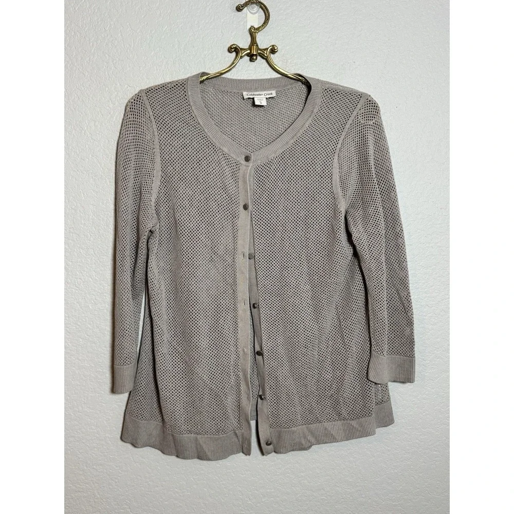 Coldwater Creek Womens Open  Sweater Sz XL Cardigan Solid Silk Cotton Taupe‎